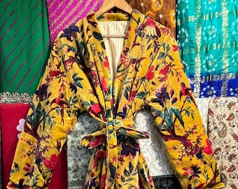 Yellow Bird Print Velvet Kimono Robe: Cotton Blend, Boho Style