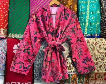 Pink Bird Print Velvet Kimono Robe: Boho Cotton Blend Jacket