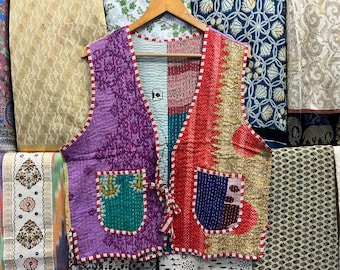 ボヘミアンパッチワークコットンベスト：ハンドメイドキルティング