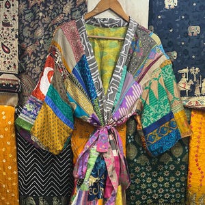 Handmade Silk Patchwork Kimono Jacket: Boho Lounge Duster