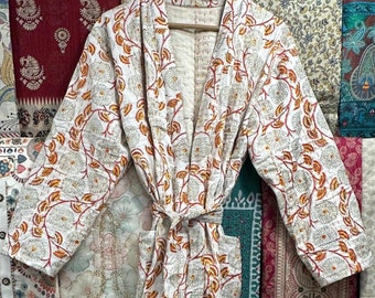 Handmade Block Print Cotton Quilted Kimono Robe: Boho Beach Cover Gown