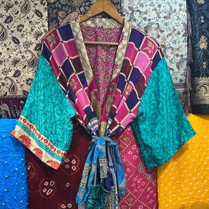 Patchwork Silk Kimono Robe: Long Kaftan Beach Cover-Up