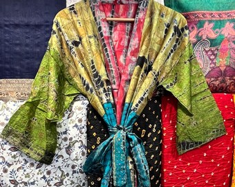 Hand Dyed Silk Kimono Robe: Colorful Tie-Dye Resort Wear