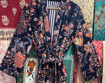 Floral Velvet Kimono Robe: Unisex Lined Dressing Gown