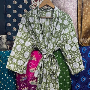 Floral Print Cotton Kimono Robe: Luxury Block Print Dressing Gown