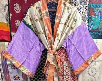 Handmade Long Silk Kimono Robe: Floral Beach Coverup