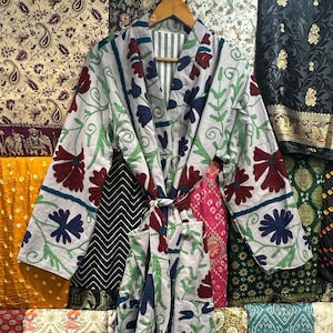 Floral Embroidery Suzani Kimono: Boho Cotton Long Jacket