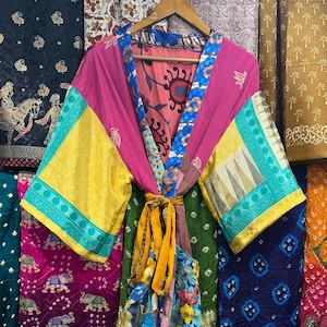 Boho Recycled Sari Silk Patchwork Duster Jacket: Hippie Kimono Robe