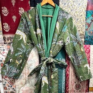 Quilted Long Length Animal Print Kimono Jacket With Waist Tie/ Holidays Festival Vacation Plus Size Robe/ Autumn Winter Coat/ Christmas Gift