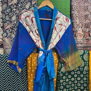 Bohemian Crepe Silk Patchwork Kimono Robe: Boho Swim Cover-Up