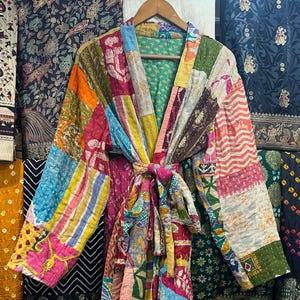 Handmade Patchwork Bath Robe/ Night Wear Lounge Long Cotton Robe/ Kantha Long Jacket With Belt/ Long Length Autumn Winter Kimono Jacket