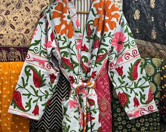 Handmade Suzani Embroidered Cotton Kimono Robe: Boho Floral Overcoat