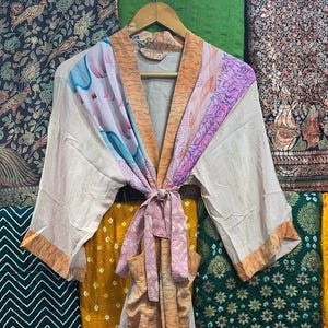 Silk Short Kimono Duster Bathrobe, Comfy Wrap Tie Duster Funky Boho Hippie Overall Upcycled Short Kimono, Ladies Fashionable Street Outwear