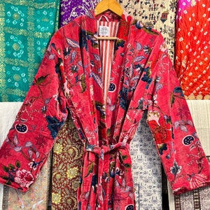 Handmade Floral Print Velvet Kimono Robe: Luxury Resort Wear