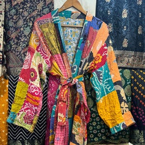Kantha Quilted Kimono: Hand-Stitched Cotton Patchwork, Reversible Robe