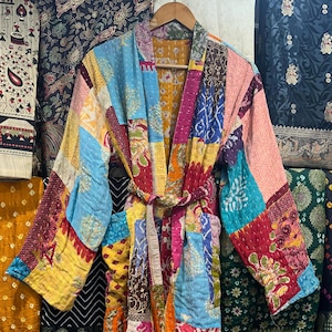 Hand Stitched Cotton Kantha Kimono Jacket: Multicolor Patchwork Quilt