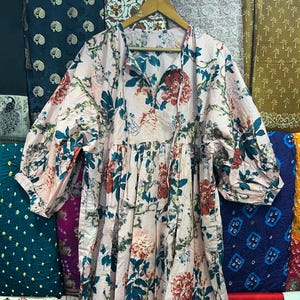 Hand Block Printed Cotton Gauze Midi Dress: Boho Floral Vacation Dress