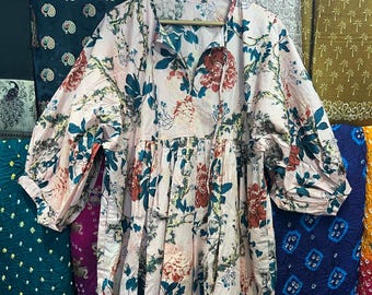Hand Block Printed Cotton Gauze Midi Dress: Boho Floral Vacation Dress