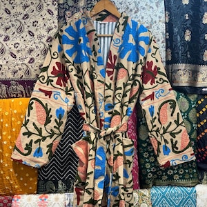 Floral Embroidery Kimono Jacket: Suzani Artisan Cotton Coat