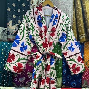 Hand Embroidered Suzani Cotton Kimono Jacket: Floral Boho Robe