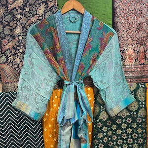 Recycled Crepe Silk Sari Kimono: Patchwork Duster Jacket, Beach Coverup