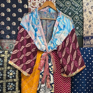 Handmade Art Silk Short Kimono Robe: Floral Boho Bridal Kimono