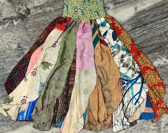 Bohemian Long Silk Ruffle Skirt ~ Fairy Silk Midi Skirt ~ Multicolor Patchwork Skirt for Women ~ Hippie Maxi Skirt ~ Festival Summer Skirt