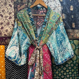 Women Silk Short Kimono Robe, Boho Patchwork Style Short Kimono Jacket, Woman Clothing Coat Front Open Robe, Short Silk Robe, Short Bathrobe