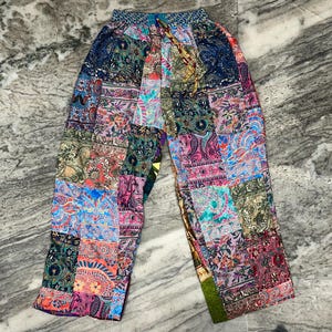Recycled Sari Silk Patchwork Palazzo Pants: Bohemian Wide Leg Trousers