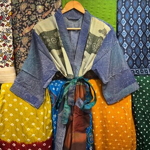 Handmade Crepe Silk Patchwork Kimono: Colorful Festival Duster Robe