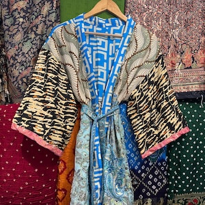 Recycled Silk Patchwork Kimono: Boho Short Robe Cardigan, Plus Size