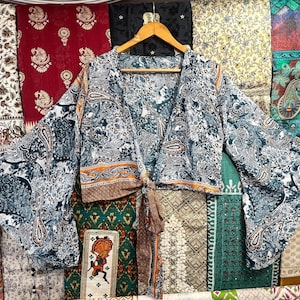 Handmade Silk Bell Sleeve Crop Top: Bohemian Floral Wrap