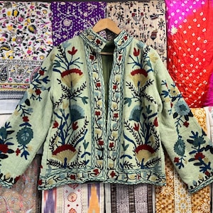 Handmade Suzani Embroidered Cotton Jacket: Short Length Winter Coat
