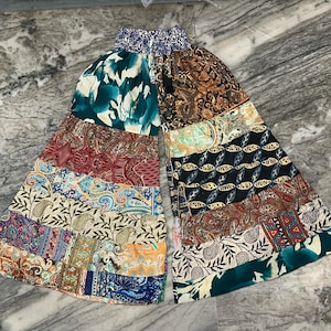 Recycled Sari Silk 7 Layer Palazzo Pants, Multi Layer Patches Hippie Trouser, Adjustable High Waist Silk Tiered Skirt Pant, Summer Clothing