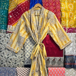 Tiger Print Cotton Kimono Robe for Women, Indian Dressing Gown, Sustainable Women Bathrobe, Block Print Beach Cover Ups, Bridesmaid Robes
