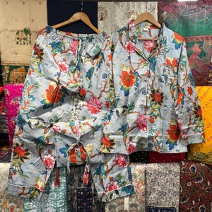Vêtements de nuit en coton pour femme - Vêtements de détente en coton doux à imprimé floral - Ensemble pyjama de demoiselles d'honneur - Ensemble pyjama mignon - Ensemble pyjama d'été avec sac en coton