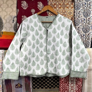 Cotton Reversible Quilted Jacket: Boho V-neck Handmade Short Jacket