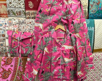 Hand Block Print Cotton Pajama Set: Animal Jungle Sleepwear