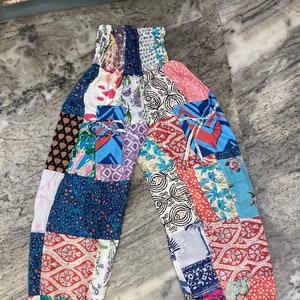 Pantalon patchwork en mélange de coton fait main, sarouel bohème hippie, pantalon taille élastique, pantalon de plage, pantalon de yoga décontracté, pantalon ample ample.