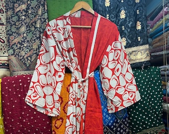 Silk Robe Short Kimono - Recycle Saree Kimono Robe - Silk Short Robe - Honeymoon Lounge Wear - Luxury Gift For Mothers Day - Bikini Cover Up