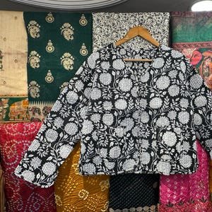 Reversible Hand Block Print Cotton Quilted Jacket Coat, Open Front Short Jacket, Women&#39;s Wear Coat Winter Jacket & Coat, Short Women Jacket