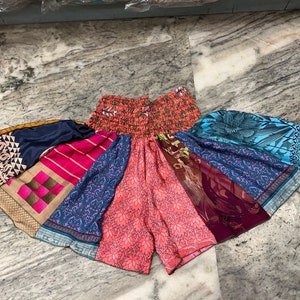 Boho Skirt Short Women's Designer Colorful Beach Wear Shorts, Soft Night Wear Shorts, Patchwork Shorts, Silk Saree Layer Patch Work Short image 1