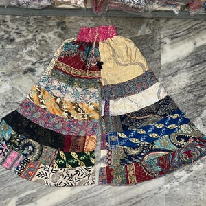 Boho Silk Patchwork Palazzo Pants: 7-Layer Wide Leg Trousers