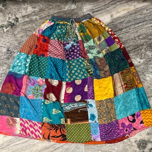 Patchwork Recycled Silk Maxi Skirt: Bohemian Festival Tiered Skirt