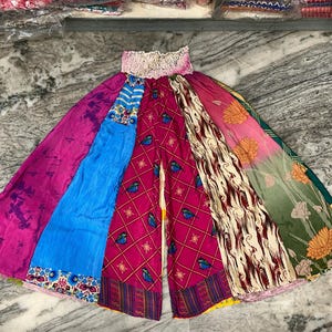 Handmade Patchwork Silk Palazzo Pants: Wide Leg, High Waisted