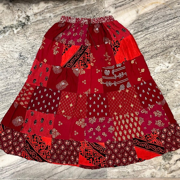 Fairy Boho Patchwork Skirt, Festival Boho Red Bohemian Gypsy Skirt, Tiered Patchwork Skirt, Gypsy Patchwork Maxi Skirt, Hippie Maxi Skirt