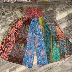 Handmade Recycled Silk Palazzo Pants: Bohemian Patchwork Wide Leg Trousers