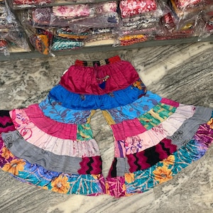 Hippie Recycle Sari Silk Wide Leg Pants | Boho Elasticated Skirt Pant for Women | Recycled Silk Layer Trouser | Yoga Pants | Plus Size Pants