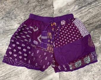 Purple Patchwork Rayon Shorts: Boho Hippie Beach Wear