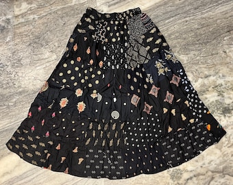 Black Color Boho Patchwork Long Skirt, Rayon Elastic Waist Patchwork Skirt, Boho Maxi Skirt, Hippie Long Tiered Skirt, Summer Beach Skirt